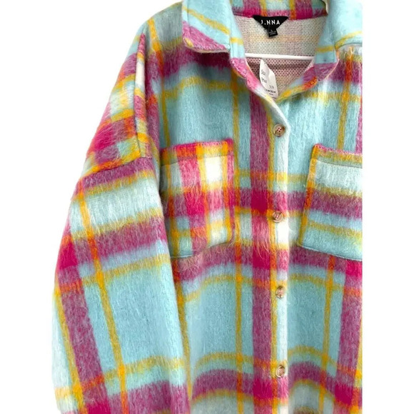 J. NNA Women's Multicolor Plaid Shirt Jacket Long Sleeve Button Up Size L - Picture 8 of 16